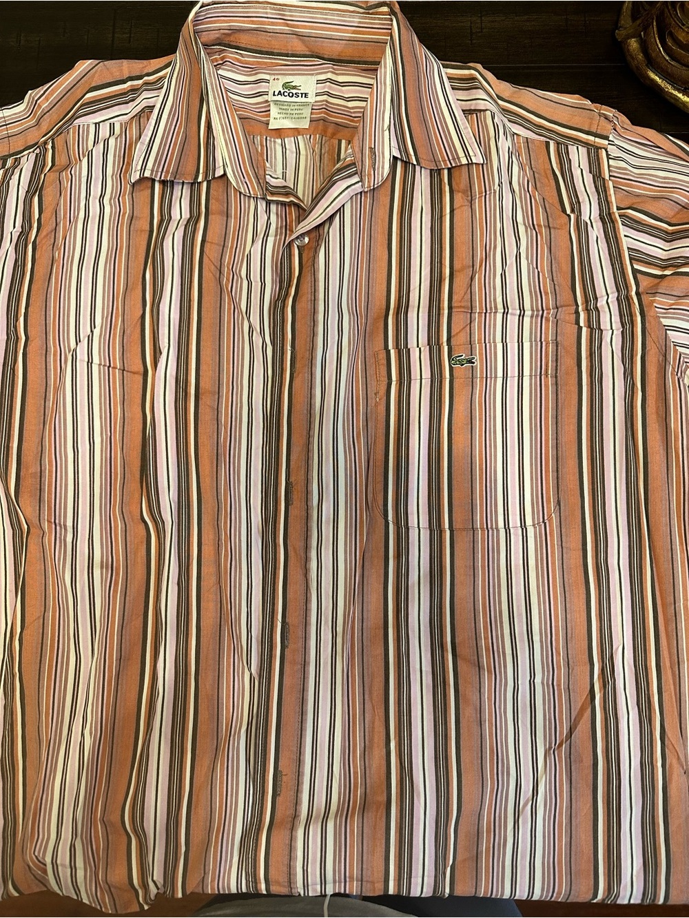 Lacoste Men’s Short-Sleeve Striped Button-Down — Orange & White